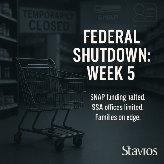 A bold digital graphic about the government shutdown. The top reads “WHAT YOU NEED TO KNOW ABOUT GOVERNMENT SHUTDOWN” in large white letters against a dark blue background. Below, a red hanging sign says “SHUT DOWN.” To the right, the white silhouette of