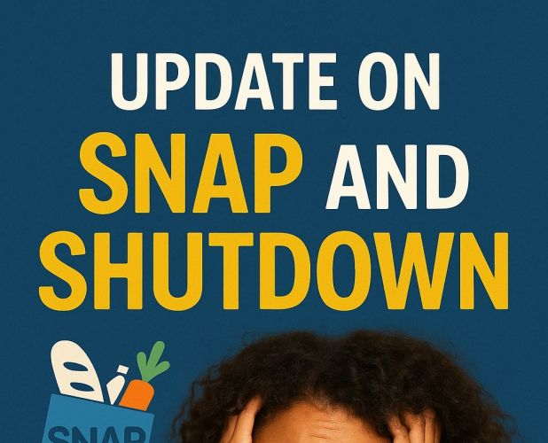 A graphic with a deep blue background featuring large yellow and white text that reads “Update on SNAP and Shutdown.” A small blue SNAP icon with simple illustrations of bread, a carrot, and greens appears on the left. Below the text is a young Black woma