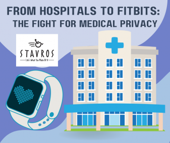 Graphic with the headline “From Hospitals to Fitbits: The Fight for Medical Privacy.” On the left is a smartwatch with a digital heart displayed on the screen. On the right is a large hospital building with a blue medical cross symbol above the entrance.