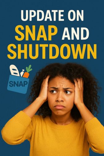 Alt text: Infographic titled “Update on SNAP Benefits.” The graphic uses shades of orange and tan and features three main sections. The top shows a grocery bag and calendar marked “Day 36” with the text “Longest government shutdown in American history.” B