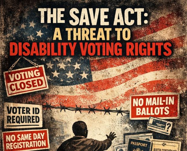 Stylized advocacy graphic with a distressed American flag in the background and large headline text reading, “The SAVE Act: A Threat to Disability Voting Rights.” In the center, a person using a wheelchair reaches toward a barrier of barbed wire and signs