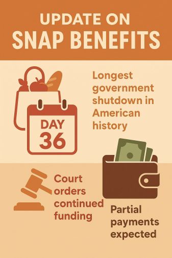 Alt text: Infographic titled “Update on SNAP Benefits.” The graphic uses shades of orange and tan and features three main sections. The top shows a grocery bag and calendar marked “Day 36” with the text “Longest government shutdown in American history.” B