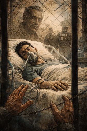 Illustrated scene showing a young disabled man lying in a hospital bed with a breathing mask, his hand resting on the blanket. In the foreground, two older hands reach toward him through a barrier of wire or bars. Behind the bed, a faded image of an older
