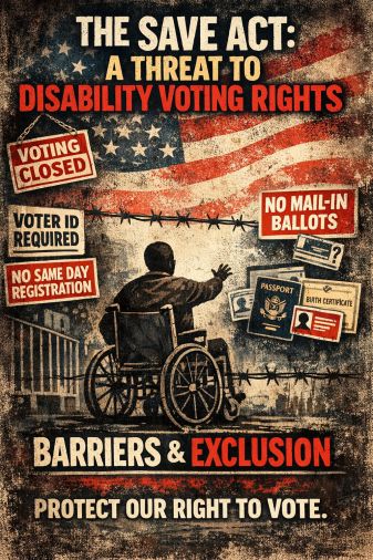 Stylized advocacy graphic with a distressed American flag in the background and large headline text reading, “The SAVE Act: A Threat to Disability Voting Rights.” In the center, a person using a wheelchair reaches toward a barrier of barbed wire and signs