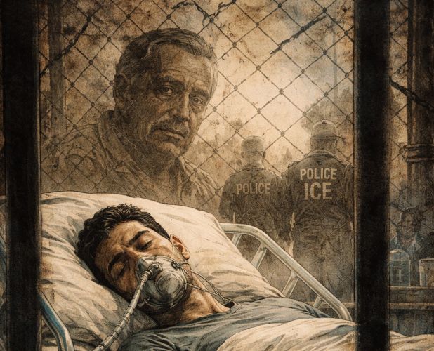Illustrated scene showing a young disabled man lying in a hospital bed with a breathing mask, his hand resting on the blanket. In the foreground, two older hands reach toward him through a barrier of wire or bars. Behind the bed, a faded image of an older