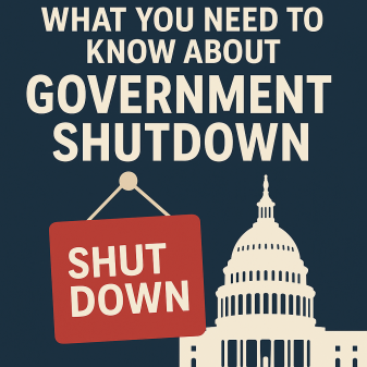 A bold digital graphic about the government shutdown. The top reads “WHAT YOU NEED TO KNOW ABOUT GOVERNMENT SHUTDOWN” in large white letters against a dark blue background. Below, a red hanging sign says “SHUT DOWN.” To the right, the white silhouette of
