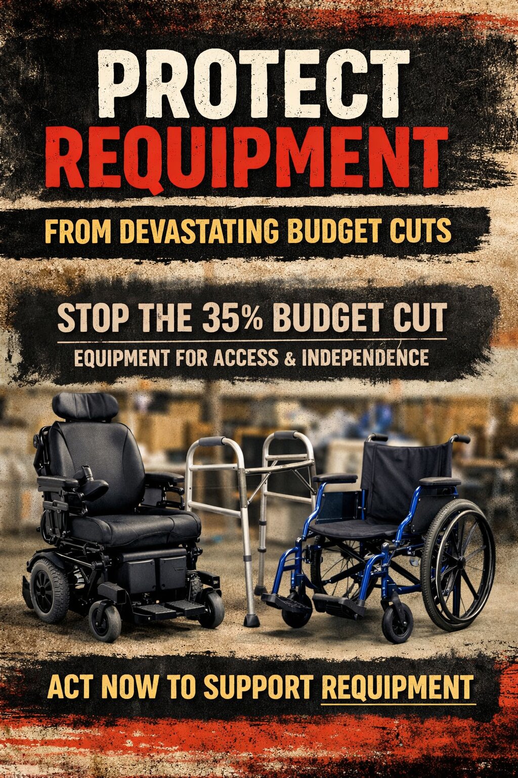 Protect REquipment from Devastating Budget Cuts” and “Stop the 35% Budget Cut.” Below the text are images of a power wheelchair, a walker, and a manual wheelchair placed in front of shelves filled with medical equipment. At the bottom, the graphic reads “